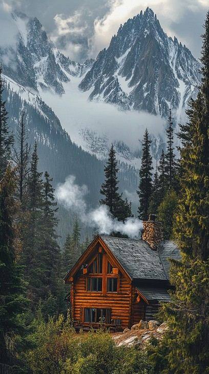 Forest Cabin — ilustracja domku z widokiem na góry